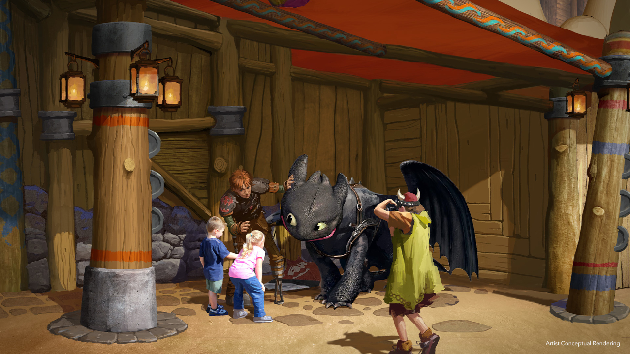 An artist's rendering of Hiccup and Toothless meets and greets for How to Train Your Dragon - Isle of Berk.