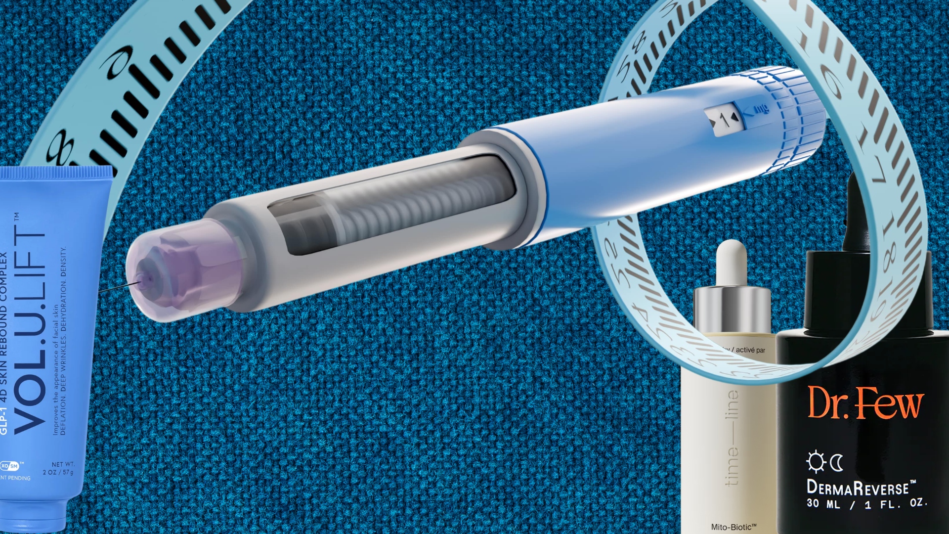 glp-1 skincare next to an ozempic pen