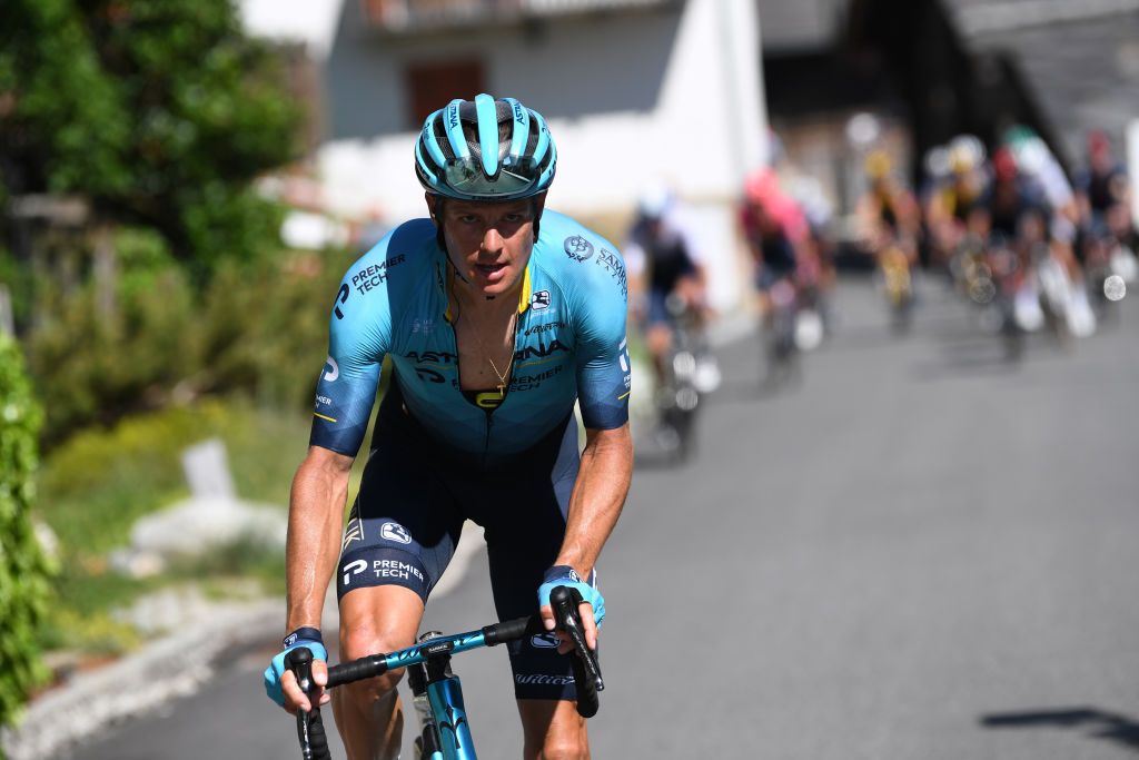 LEUKERBAD SWITZERLAND JUNE 10 Jakob Fuglsang of Denmark and Team Astana Premier Tech in breakaway during the 84th Tour de Suisse 2021 Stage 5 a 1752km stage from Gstaad to Leukerbad 1385m UCIworldtour tds tourdesuisse on June 10 2021 in Leukerbad Switzerland Photo by Tim de WaeleGetty Images