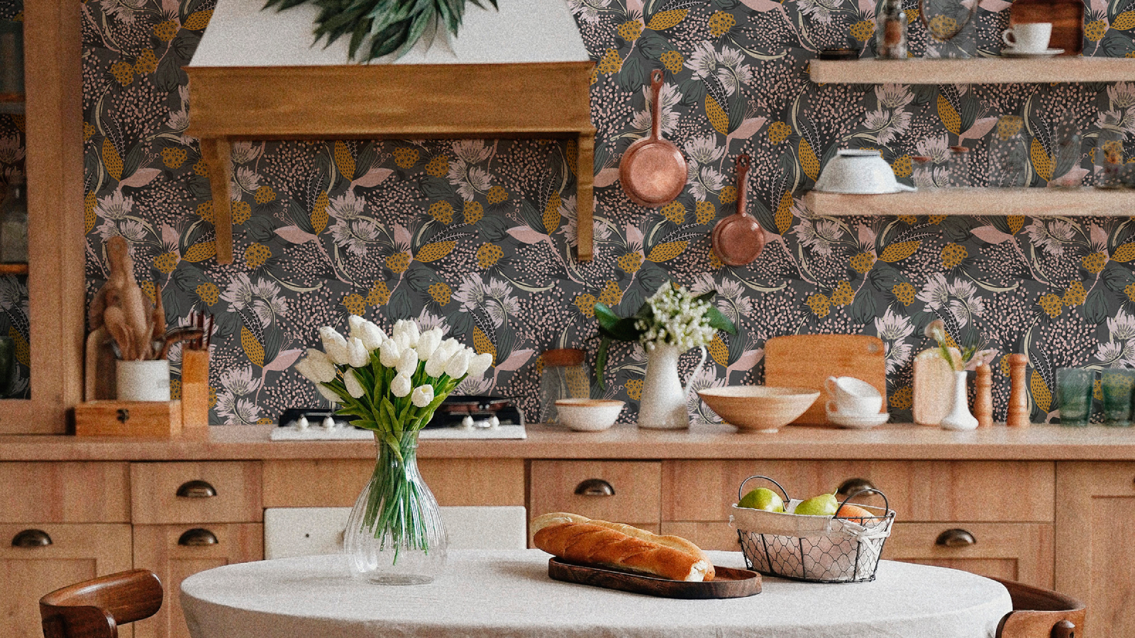 Floral wallpaper splashback in wooden kitchen