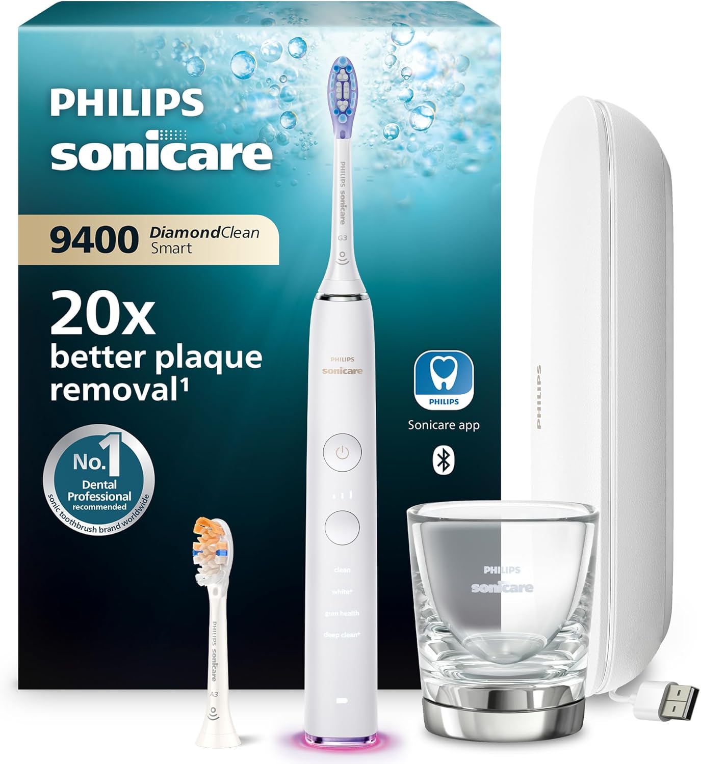 Philips Sonicare Diamondclean Smart 9400 Electric Toothbrush, Sonic Toothbrush With App, Pressure Sensor, Brush Head Detection, 4 Brushing Modes and 3 Intensity Levels, White, Model Hx9917/88