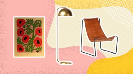 PSTR wall art, Target floor lamp and Wayfair leather seat