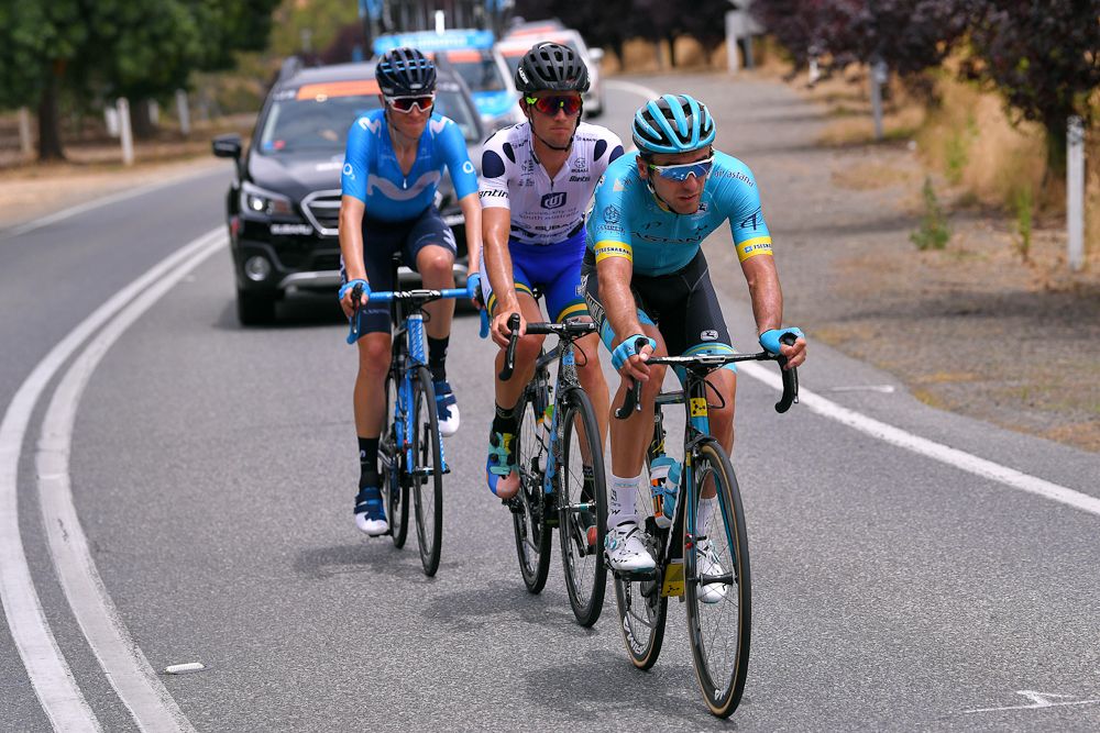 Artyom Zakharov, Jason Lea and Jaime Castrillo in the breakaway during stage 2 at the Tour Down Under
