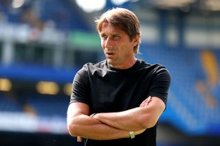 Tottenham Hotspur manager Antonio Conte looks on prior to the Premier League match between Chelsea FC and Tottenham Hotspur at Stamford Bridge on August 14, 2022 in London, England.