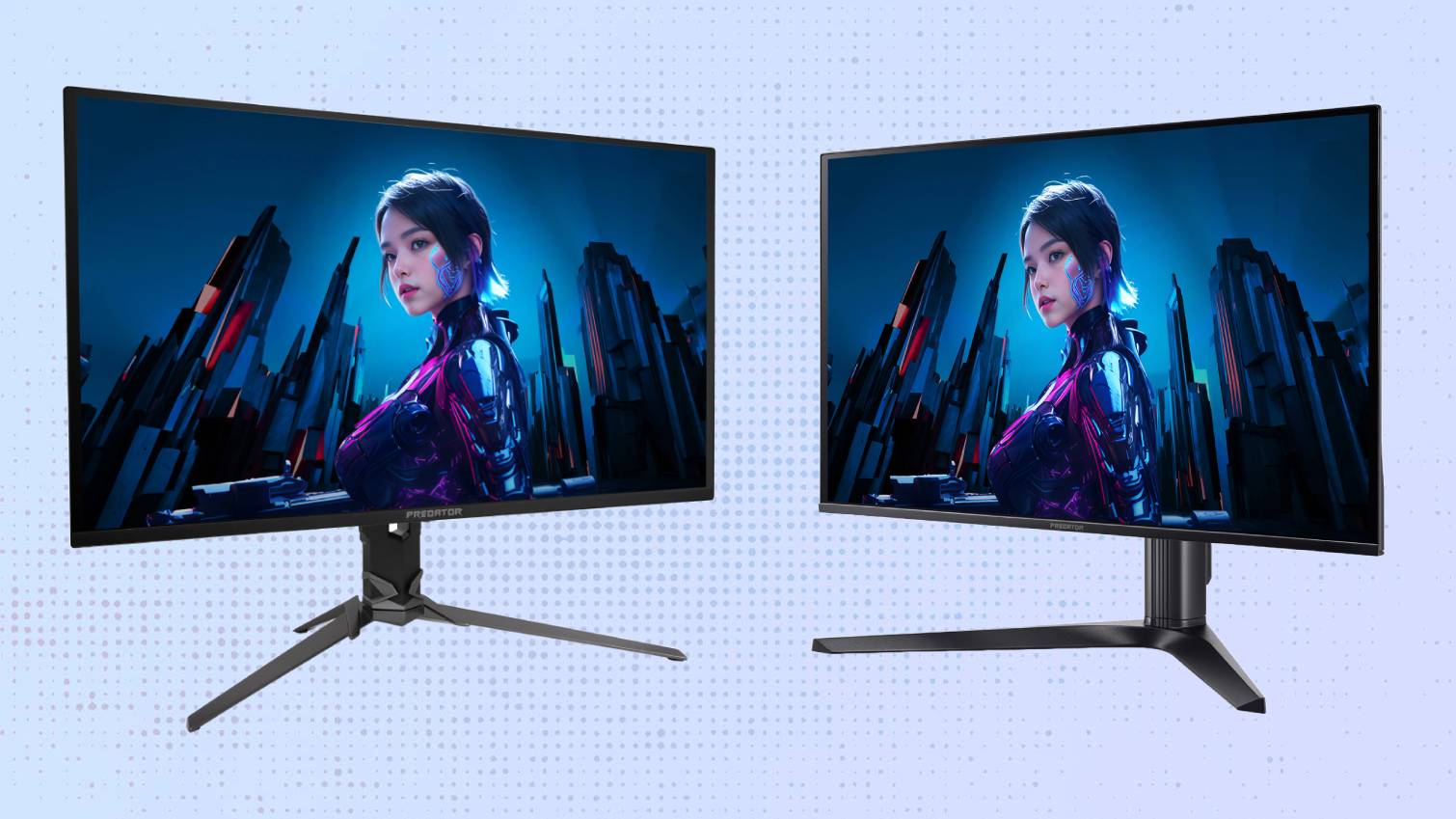 Acer Predator X27 X (left) and Acer Predator X27U F5 (right) with cyber woman graphic on display on light blue background