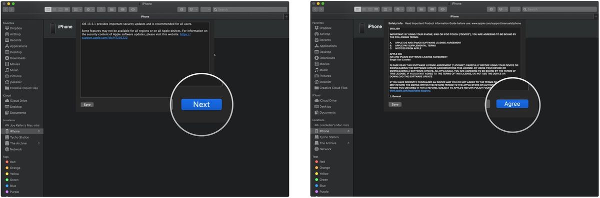 Update from beta to release on Mac, showing how to click Next, then click Agree