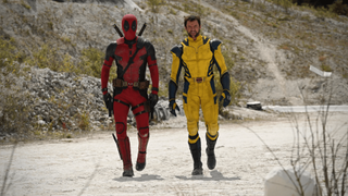 (L, R) Deadpool and Hugh Jackman as Wolverine, walking on a dirt road in "Deadpool & Wolverine"