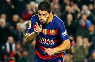 Luis Suarez celebrates a goal for Barcelona against Athletic Club in January 2016.