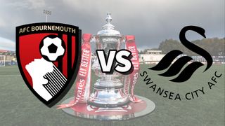 Bournemouth vs Swansea football club logos over an image of the FA Cup Trophy