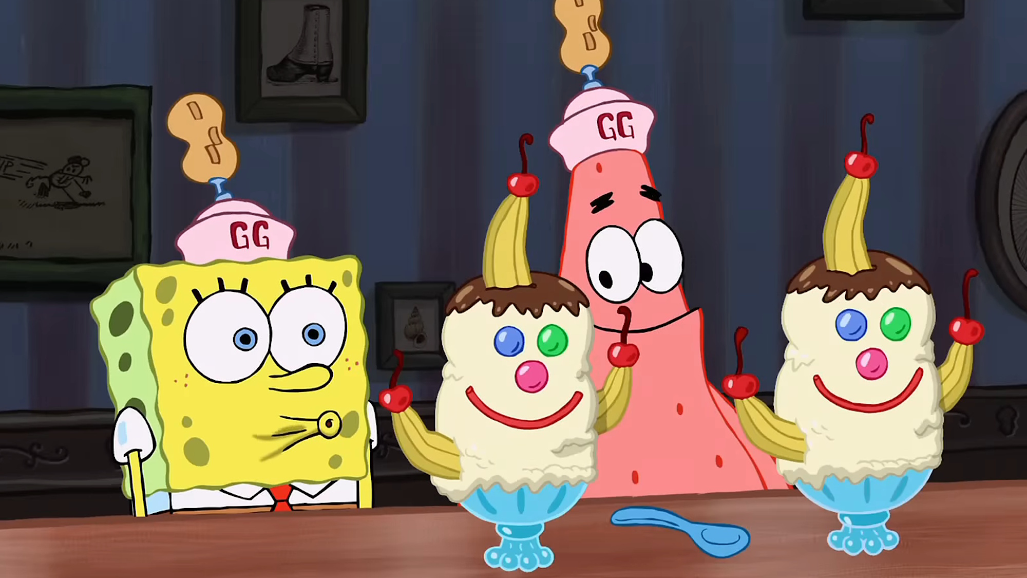 SpongeBob and Patrick eat Triple Gooberberry Sunrises in The SpongeBob SquarePants Movie.