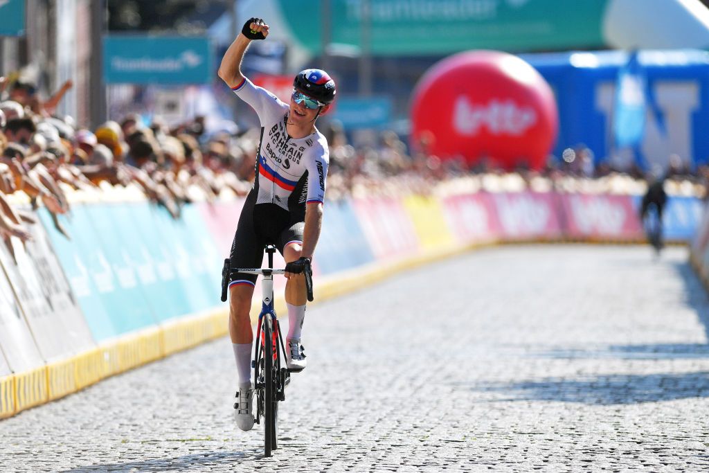 GERAARDSBERGEN BELGIUM SEPTEMBER 05 Matej Mohoric of Slovenia and Team Bahrain Victorious celebrates winning during the 17th Benelux Tour 2021 Stage 7 a 1809km stage from Namur to Geraardsbergen BeneluxTour on September 05 2021 in Geraardsbergen Belgium Photo by Luc ClaessenGetty Images