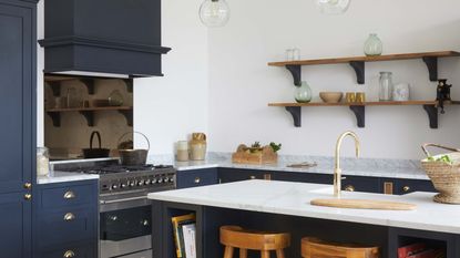 modern kitchen with island, oven and open shelving