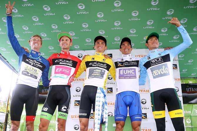 Aevolo Cycling Team's Luis Villalobos (far right) with the other jersey winners at the conclusion of the 2018 Tour of Utah