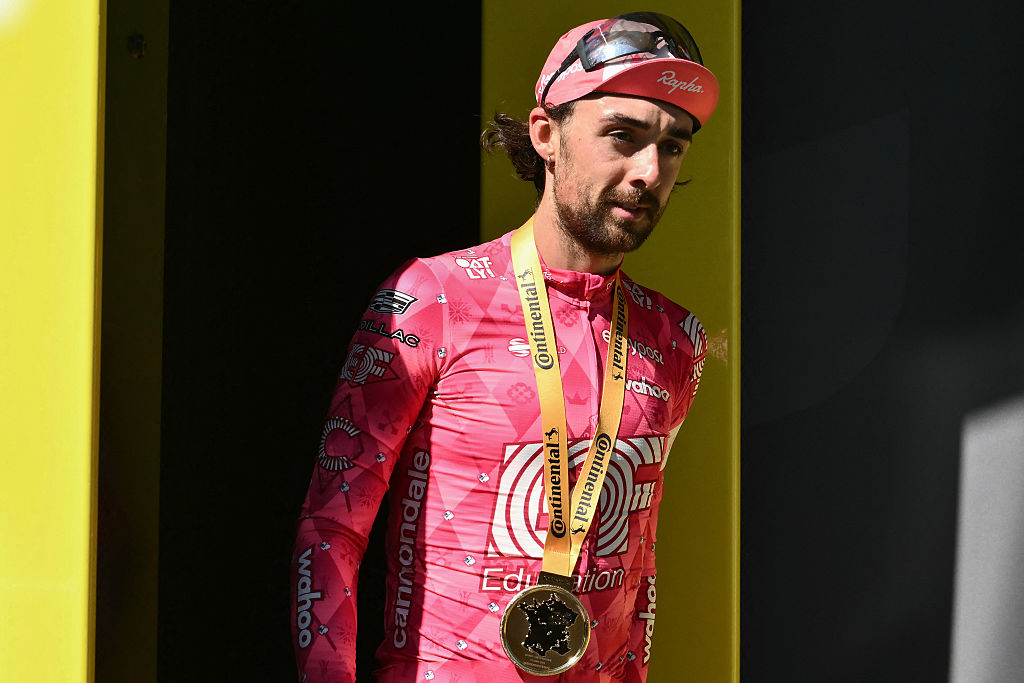 EF Education - EasyPost team's Irish rider Ben Healy celebrates on the podium after winning the 6th stage of the 112th edition of the Tour de France cycling race, 201.5 km between Bayeux and Vire Normandie, Northwestern France, on July 10, 2025. (Photo by Marco BERTORELLO / AFP) (Photo by MARCO BERTORELLO/AFP via Getty Images)