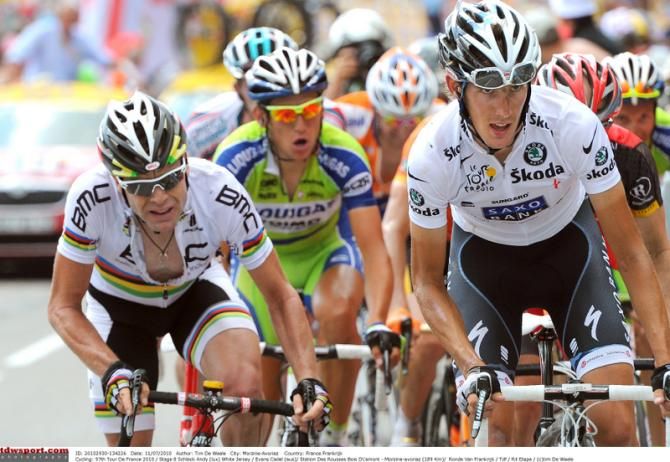Cadel Evans and Andy Schleck battle on stage 8 of the 2010 Tour de France. Evans would be in yellow at the end of the day