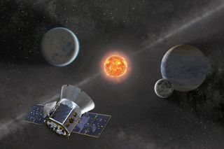 An artist's illustration of NASA's Transiting Exoplanet Survey Satellite, which will search for small planets around nearby stars.