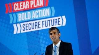 Rishi Sunak, UK prime minister and leader of the Conservative Party, pictured during a manifesto launch event at Silverstone Circuit on June 11, 2024 in Northampton,
