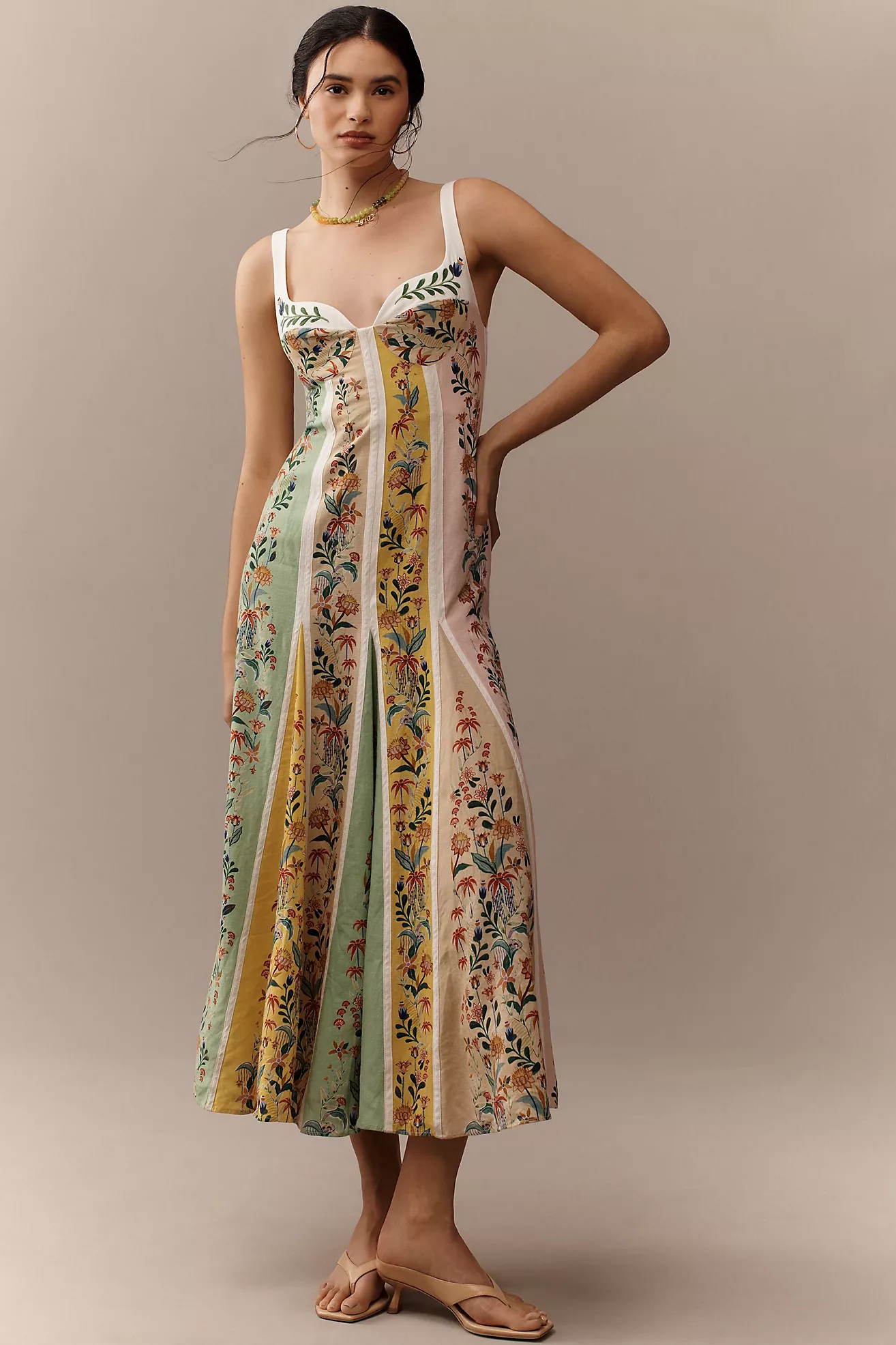 Farm Rio Delicate Floral Stripes Linen Blend Maxi Dress