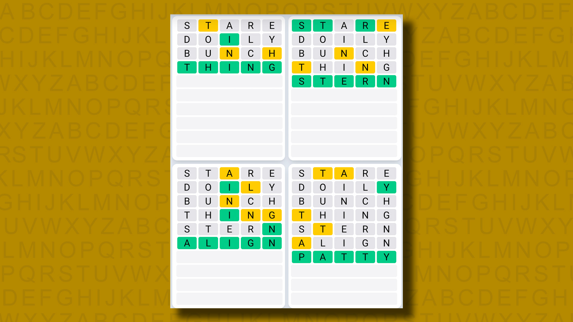 Quordle daily sequence answers for game 858 on a yellow background
