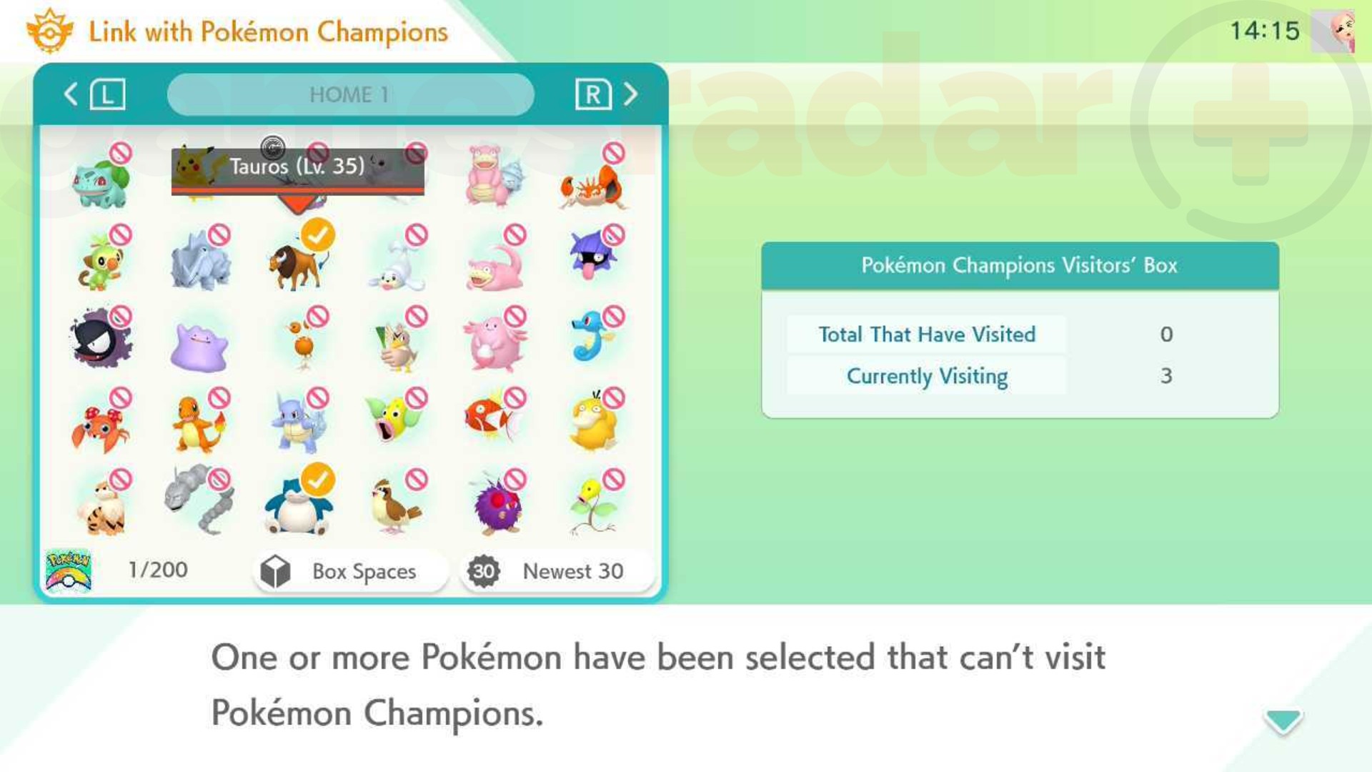 An error message states that Pokemon can't visit Pokemon Champions from Pokemon Home.