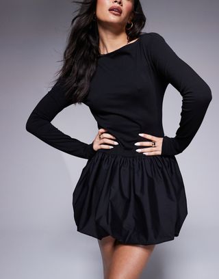 Asos Design Puffball Poplin Mix Mini Dress in Black