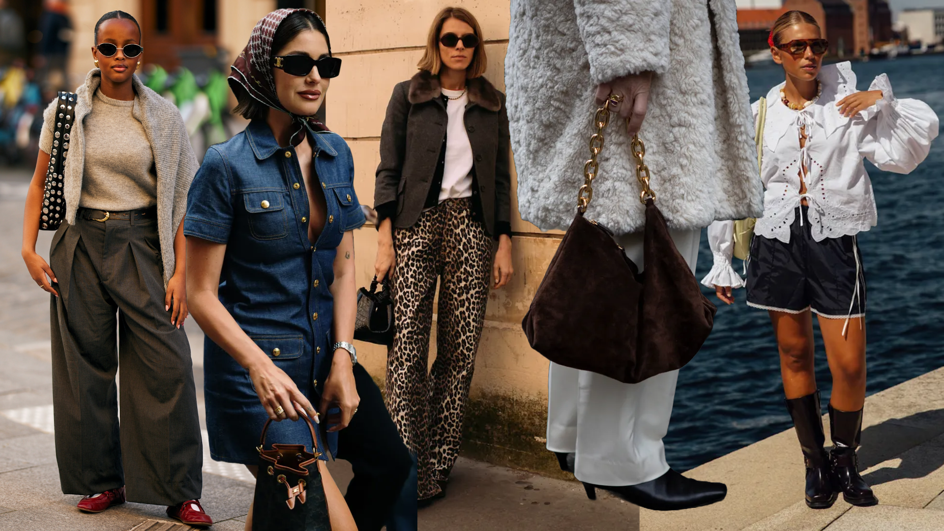 women wearing sweaters, head scarves, leopard print pants, slouchy bags and sporty shorts 