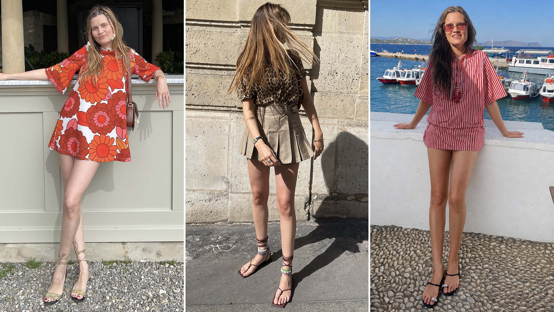 Fashion collage of French editor Eug&eacute;nie Trochu wearing chic summer outfits with strappy flat sandals.