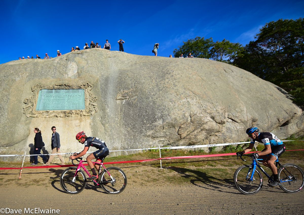 Cody Kaiser (Specialized-Lange Twins) riding past Gloucester&rsquo;s famous big rock
