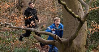 Ste Hay, Harry Thompson, Leah Barnes and Lucas Barnes are camping when an escaped Ryan Knight finds them in Hollyoaks.