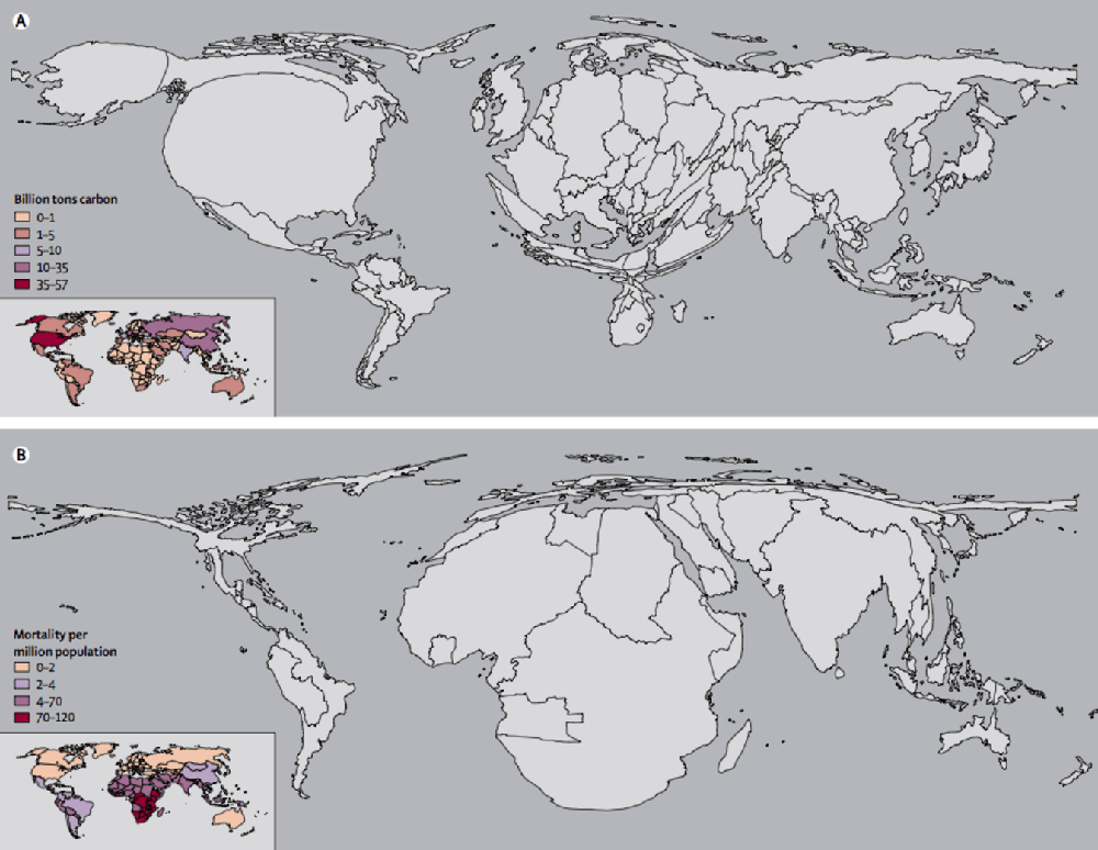 Causes vs consequences. A) shows distribution of carbon emissions 1950-2000, B) shows climate-sensitive malaria, malnutrition, diarrhoea, and flood-related fatalities.