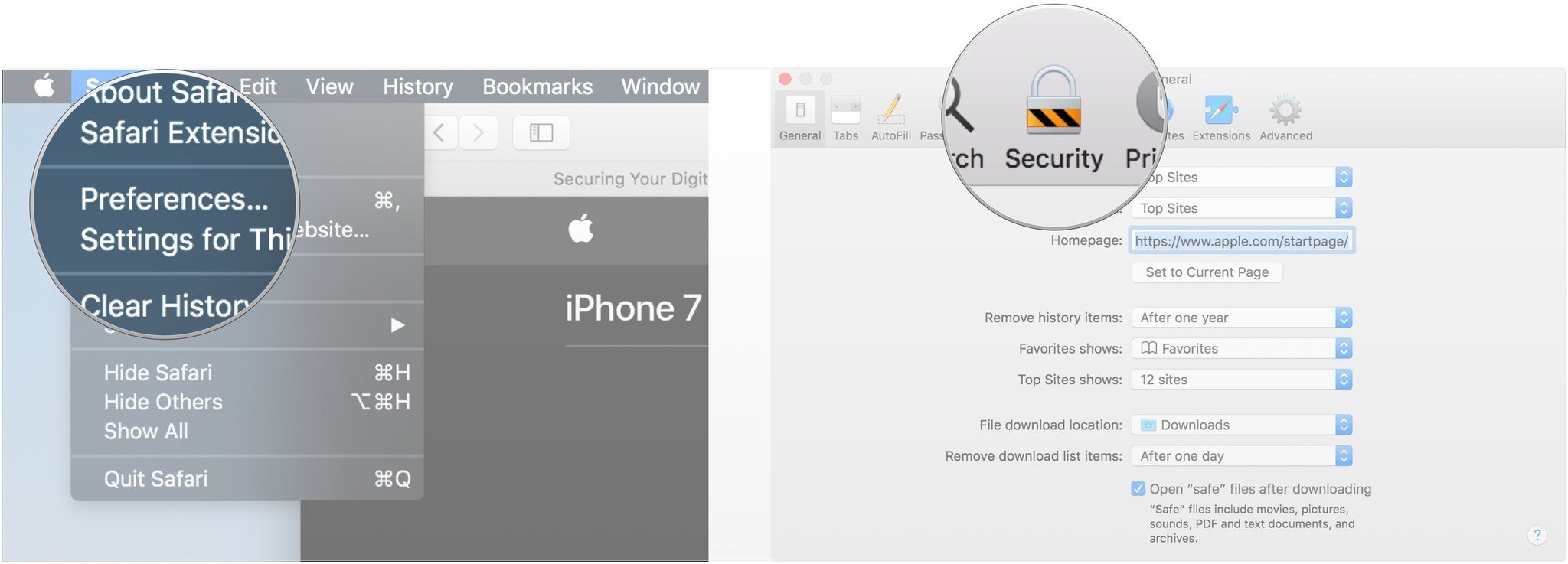 Click Preferences, click Security