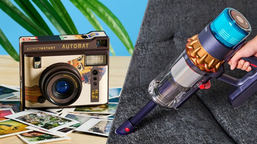 A split screen image showing an instant camera on the left and a Dyson vacuum on the right