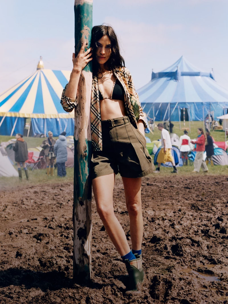 Alexa Chung wearing the Burberry check bikini in a Burberry brand campaign.