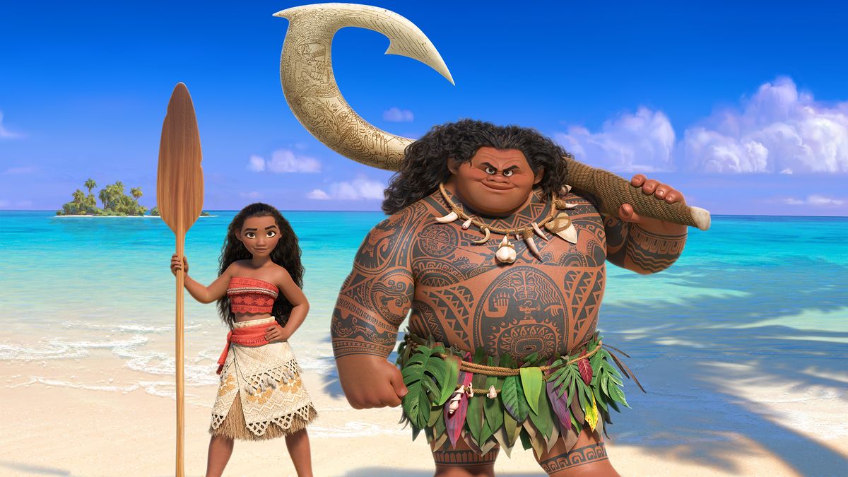 Moana (Auli&#039;i Cravalho) with Maui (Dwayne Johnson)