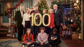 Not Going Out Christmas 2023 cast hold up a 100 sign to celebrate 100 episodes