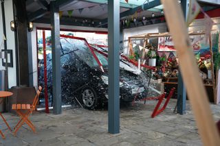 The car smashed into The Grand Bazaar with Norma and Warren inside it in Hollyoaks.