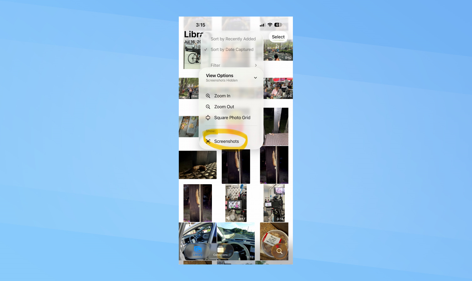 iOS 26 public beta screenshot of showing screenshots in Gallery.