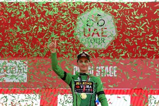 Olav Kooij in the green points jersey at the UAE Tour