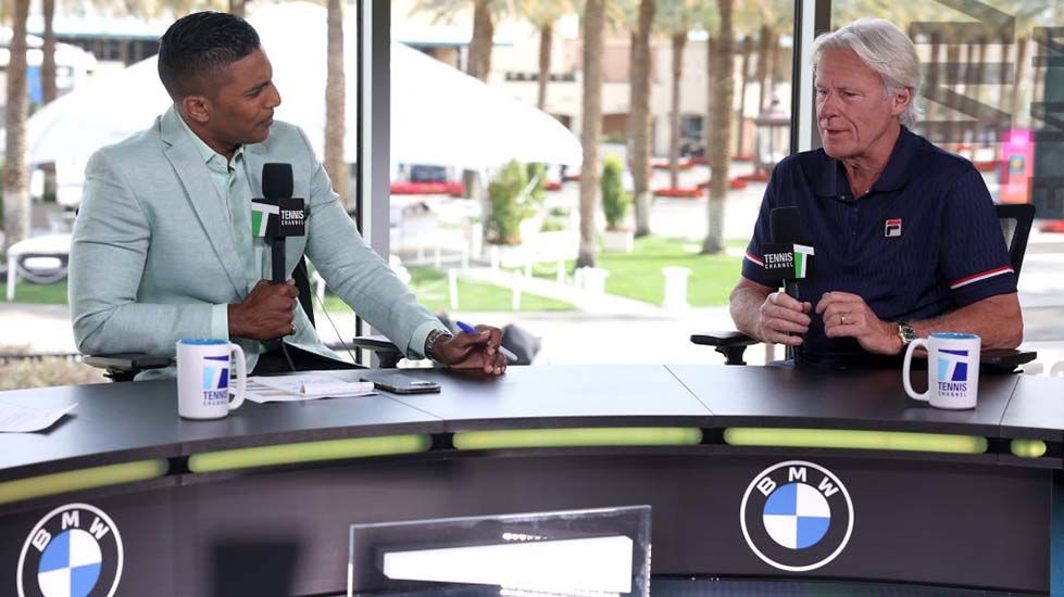 Tennis Channel host Prakash Amritraj interviews tennis legend Bjorn Borg on the network’s set at the BNP Open in March.