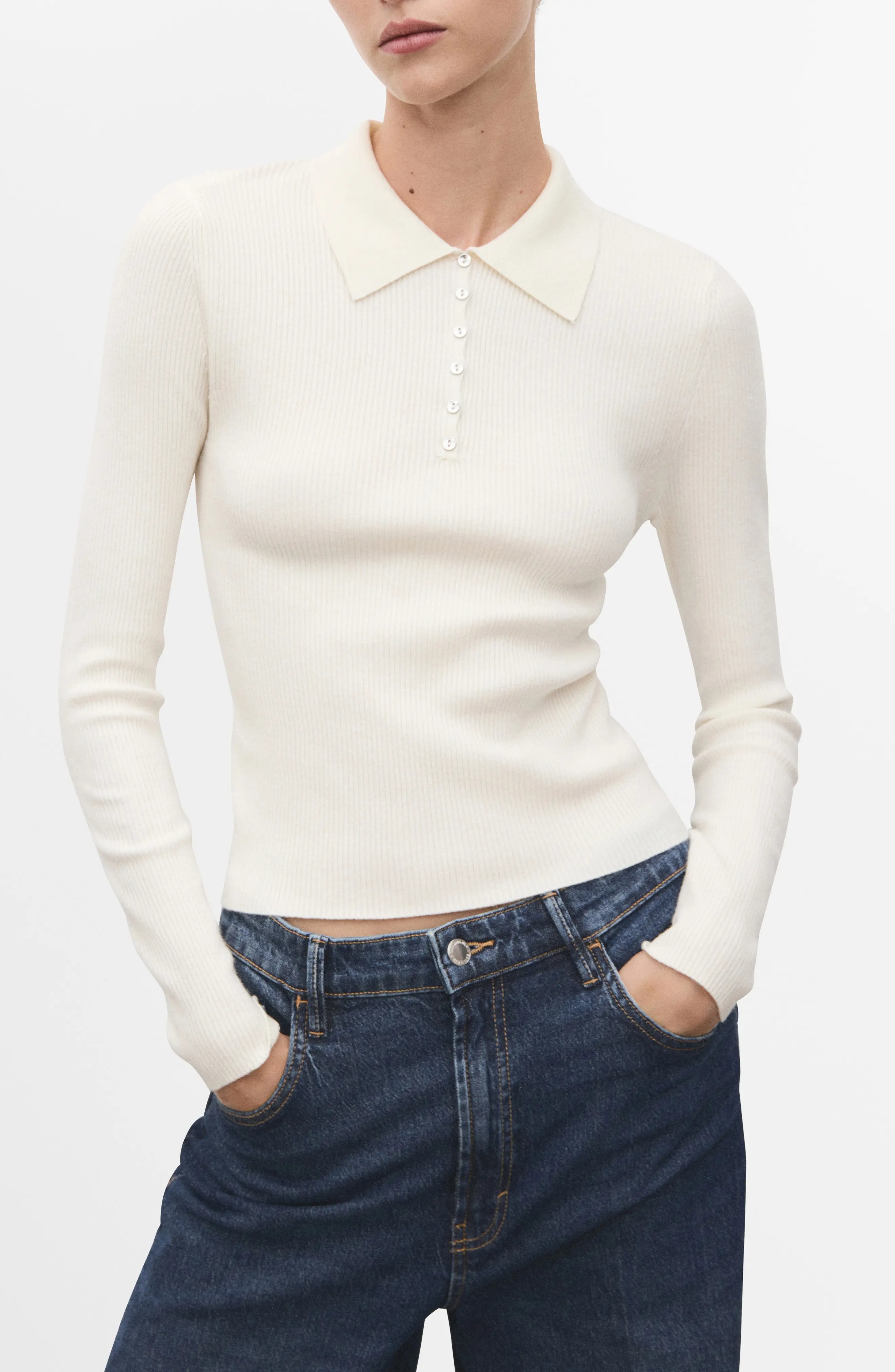 MANGO, Rib Long Sleeve Polo Sweater