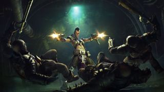 Promotional artwork of the new Hive Class shooting down enemies in Warhammer 40,000: Darktide