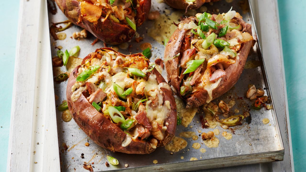 Tuna and kimchi sweet potato jackets 