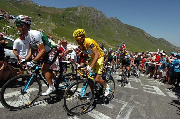 Yellow Jersey wearer Rinaldo Nocentini (AG2R La Mondiale) was at the front of the peloton on the way up the Tourmalet