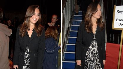 Composite of two pictures of Kate Middleton wearing a leopard print dress and black coat as she attended the after party following the opening night of 'AFRIKA AFRIKA', at the O2 Arena on January 17, 2008