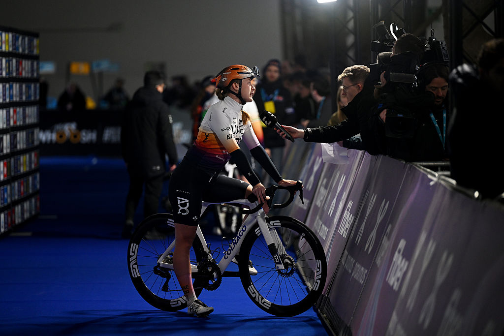 GHENT, BELGIUM - FEBRUARY 28: Elynor Backstedt of Great Britain and UAE Team ADQ prior to the 21st Omloop Het Nieuwsblad 2026, Women's Elite a 137.2km one day race from Ghent to Ninove / #UCIWWT / on February 28, 2026 in Ghent, Belgium. (Photo by Luc Claessen/Getty Images)