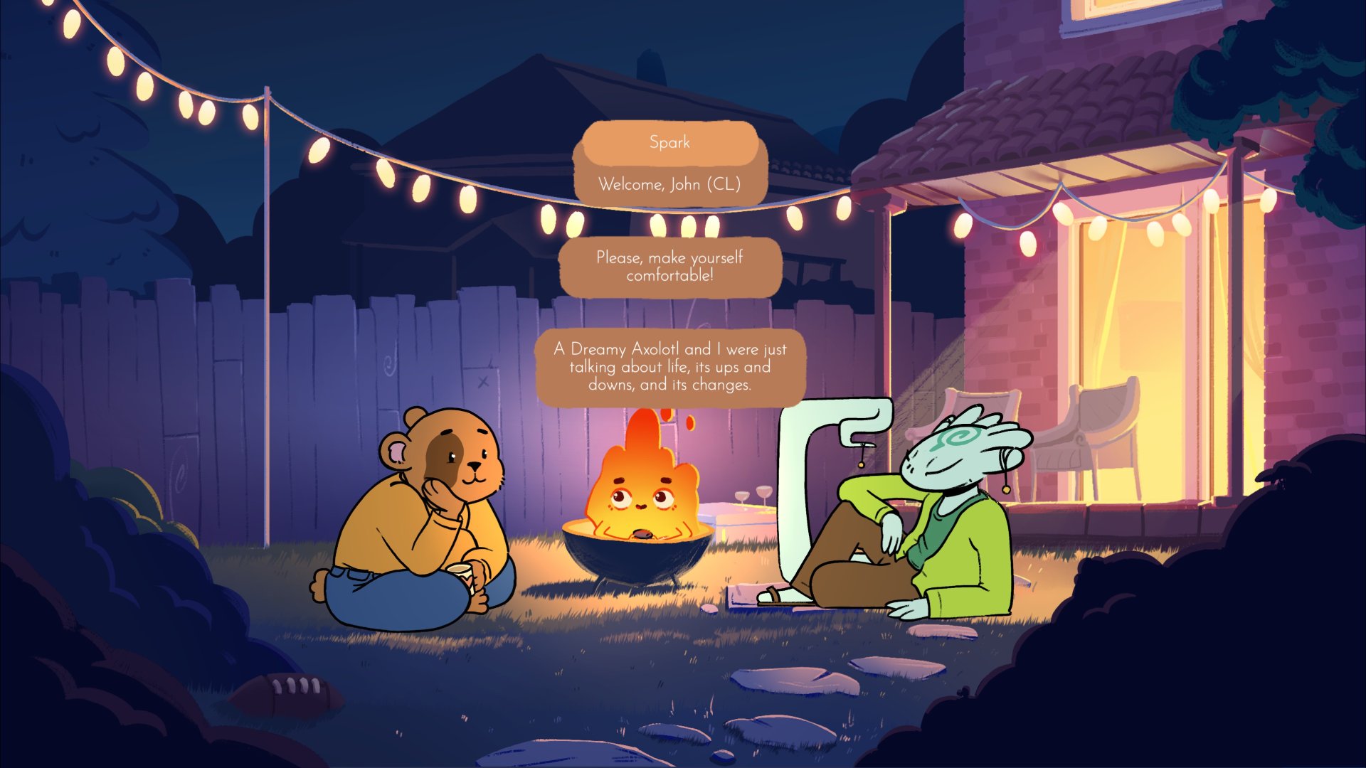 Fireside Feelings screenshot showing a bear and a dragon-like figure sitting around a campfire sharing a story