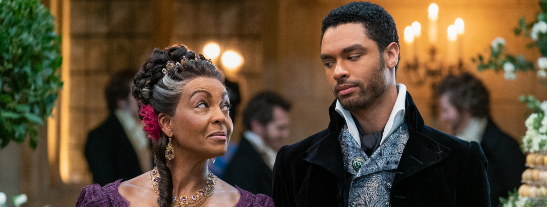 ADJOA ANDOH as LADY DANBURY and REGÉ-JEAN PAGE as SIMON BASSET in episode 108 of BRIDGERTON