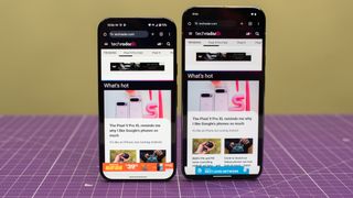 Google Pixel 9 Pro og Pixel 9 Pro XL side om side med TechRadar.com på skjermen