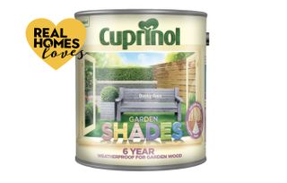 a can of the Cuprinol Shades decking paint, the best decking paint for colour choice