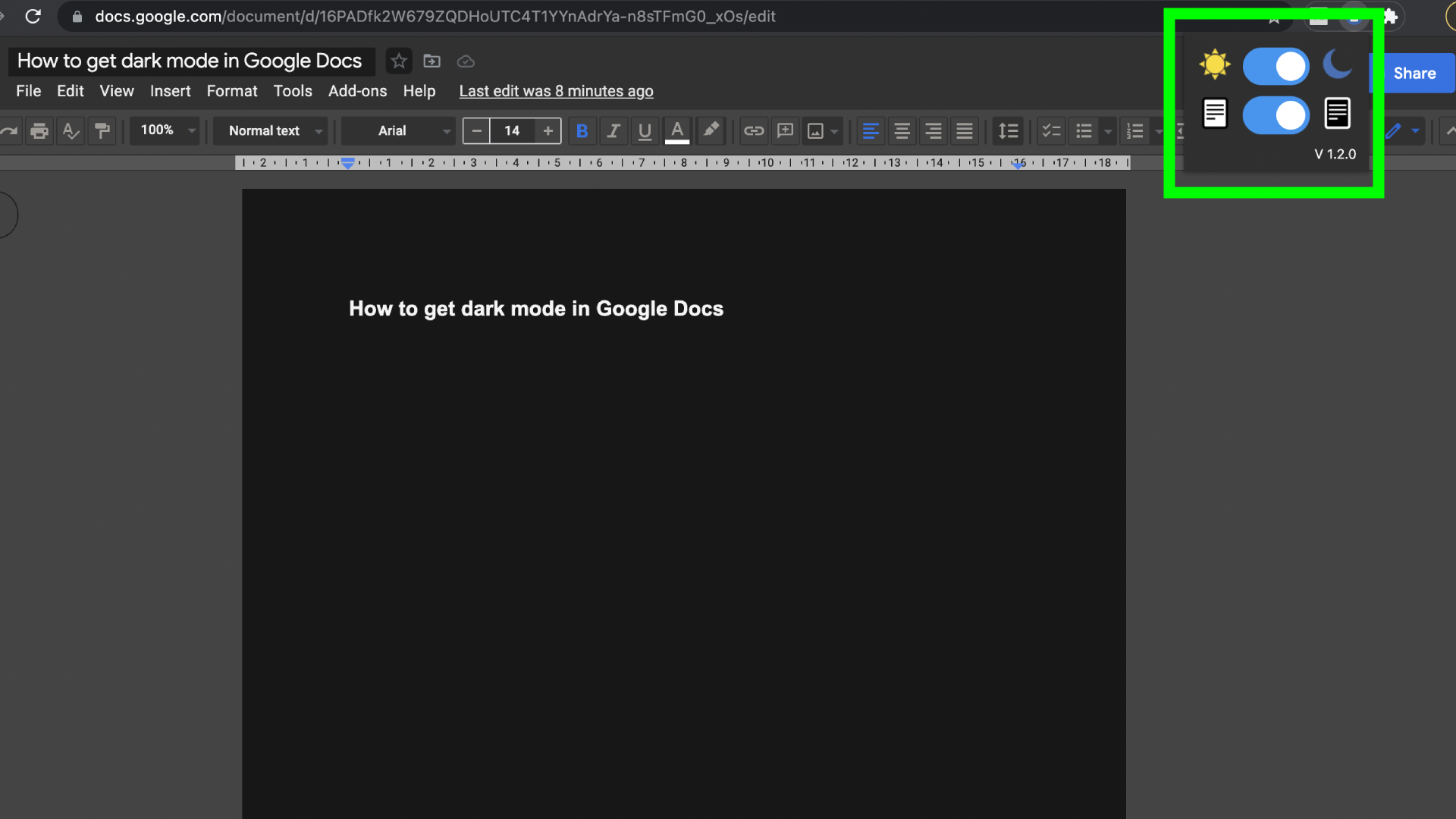 Как получить темный режим в Google Docs - снимок экрана темного режима, используемого в Google Docs